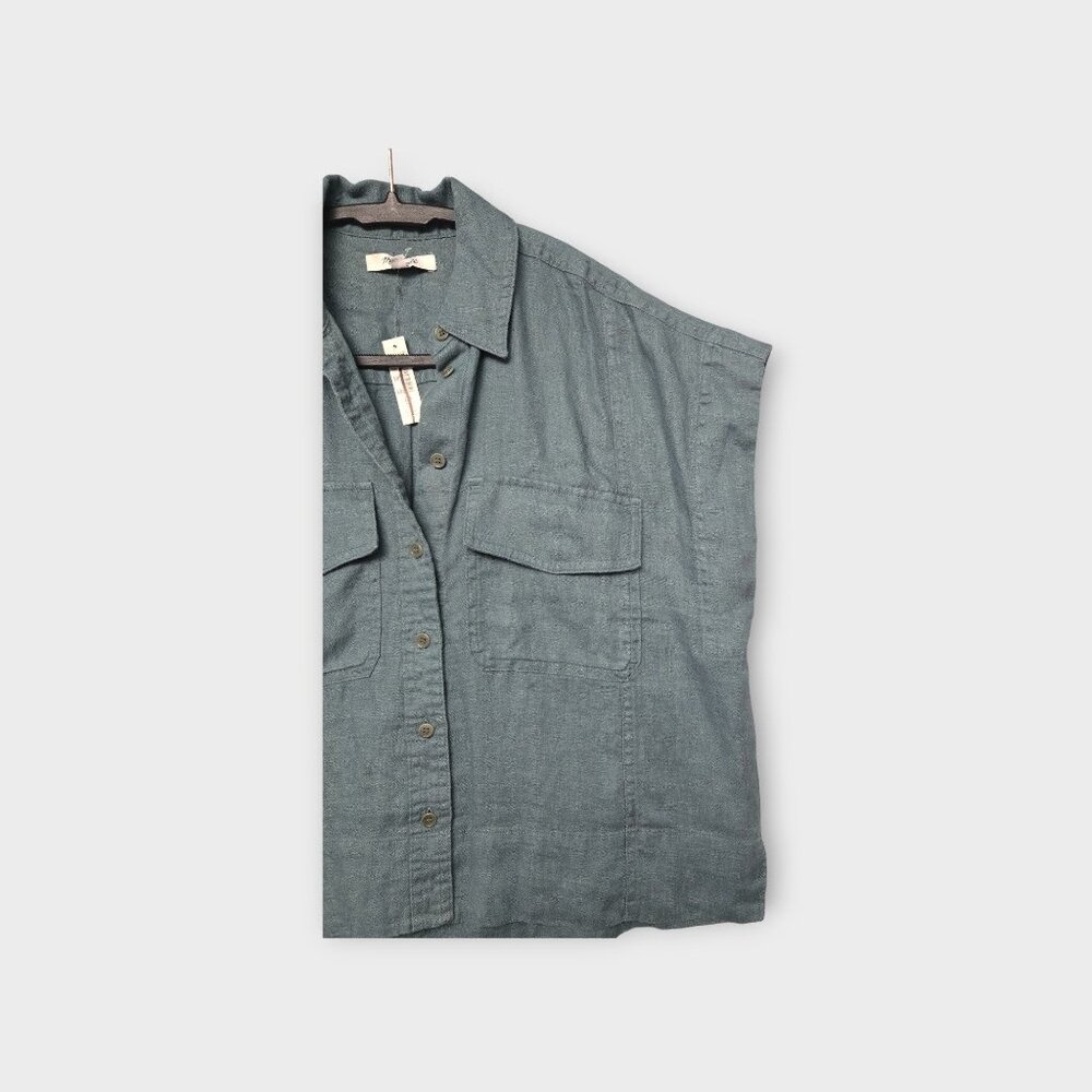 MADEWELL Flap-Pocket Button-Up Shirt in 100% Linen Blue XS NWT - Picture 6 of 11